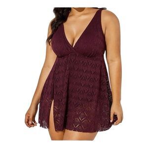 Swimsuits For All Wine Crochet Side Slit V-Neck Swim Dress Plus Size 32 Burgundy